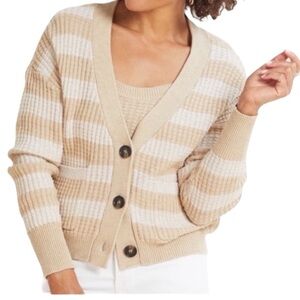 Evereve Neutral Stripe Cotton Modal Cardigan Sweater | Tan & Cream | Size S